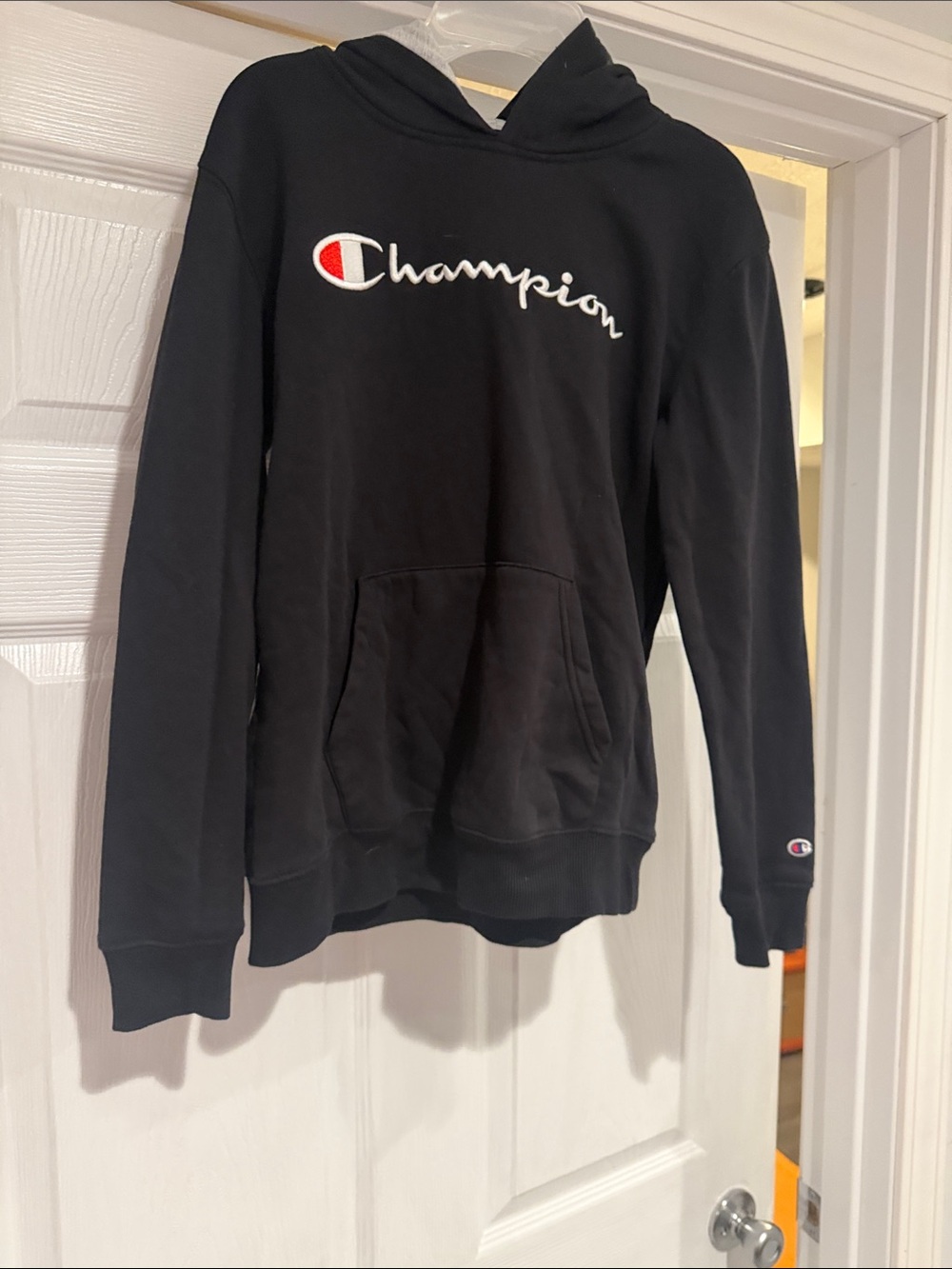 Champion Black Hoodie with White Script and Red Accent